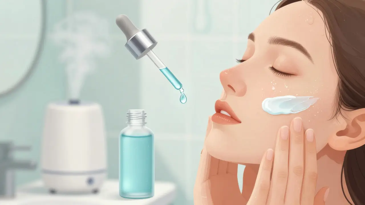 Hydratační sérum a krém s lipidy aplikované na vlhkou pokožku, vlhčovač vzduchu v pozadí.