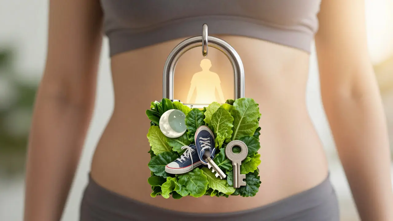 Klíč z chůze, zeleniny a spánku otevírá zámek břišního tuku v slunečním světle.