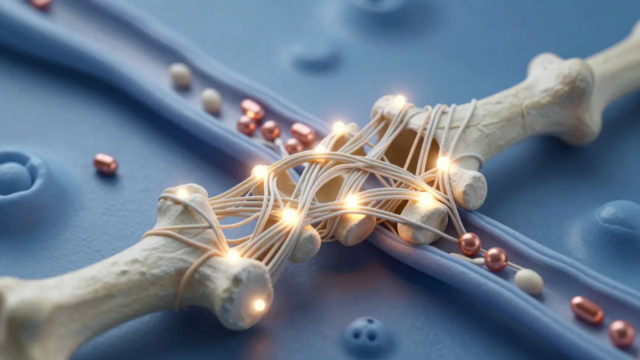 Konceptuální náčrt lidského kloubu s elastickými vlákny kolagenu a vstupujícími vitamínem C, mědí a aminokyselinami.