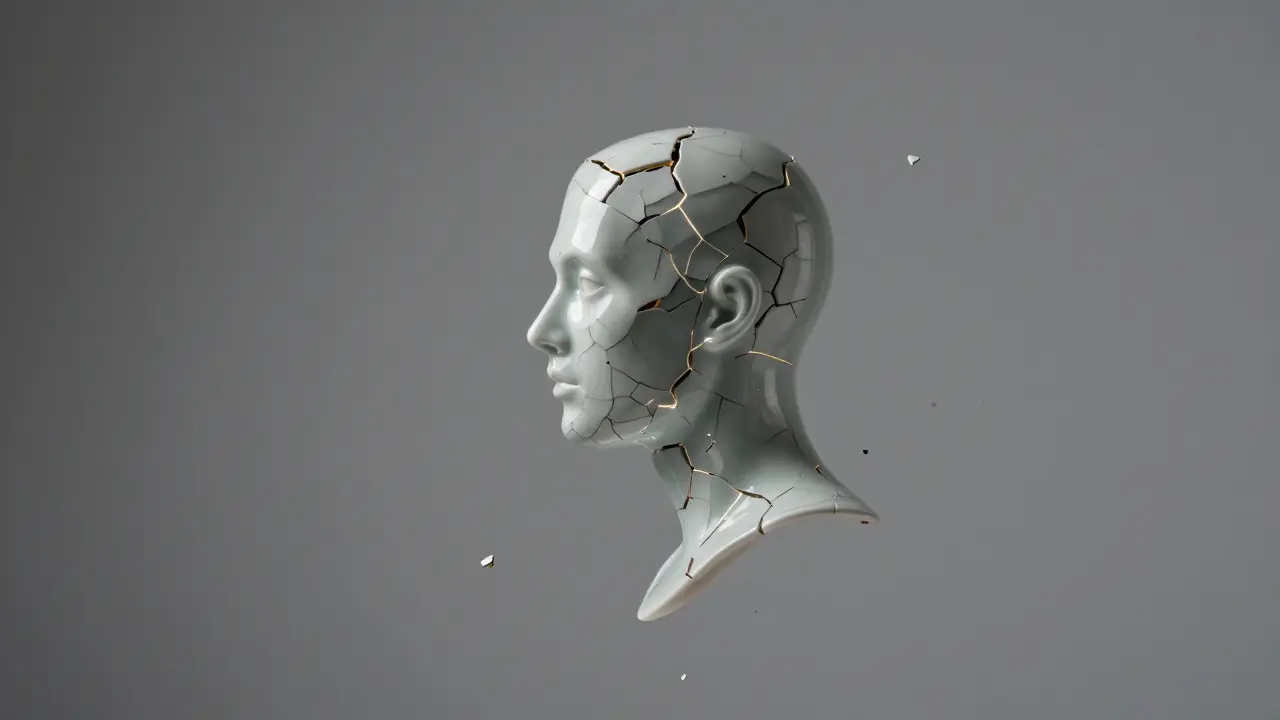 Křehká keramická postava se rozpadá v prázdném prostoru, zářící vlákna ji ještě drží.