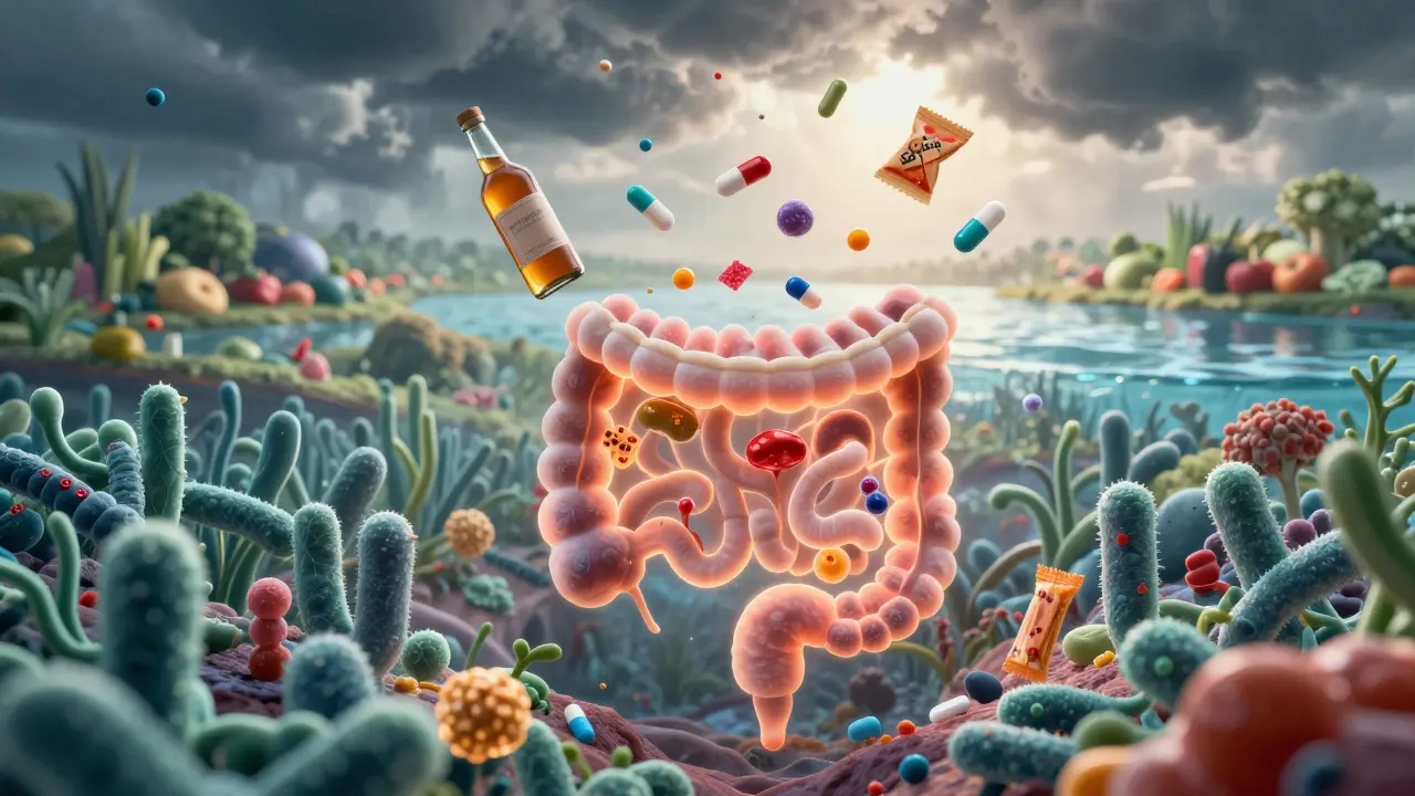 Mikrobiom střev jako ekosystém ohrožený alkoholem a cukrem, ale obnovovaný vlákninou a vodou.