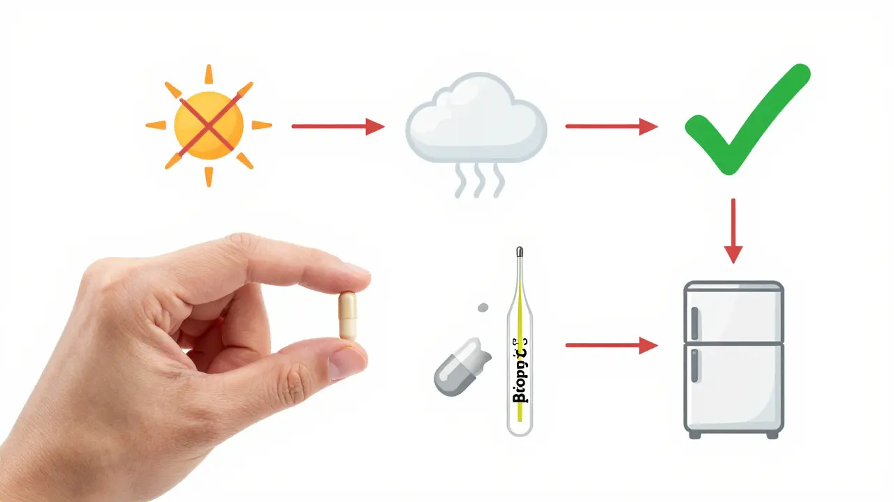 Optimal Biopron storage conditions with temperature, sun, humidity, and fridge icons.