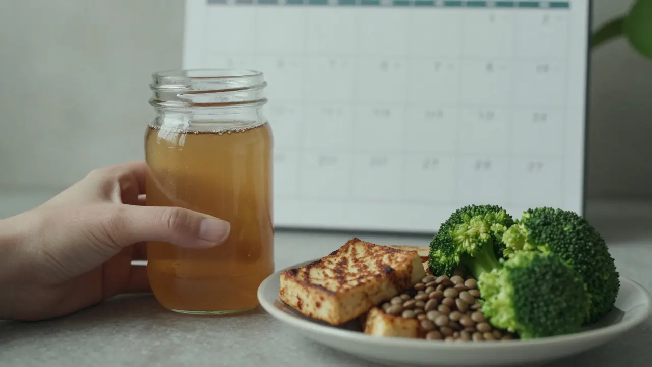 Osoba drží domácí kombuchu vedle tempehu a čočky, symbolizující zdravé střevo.