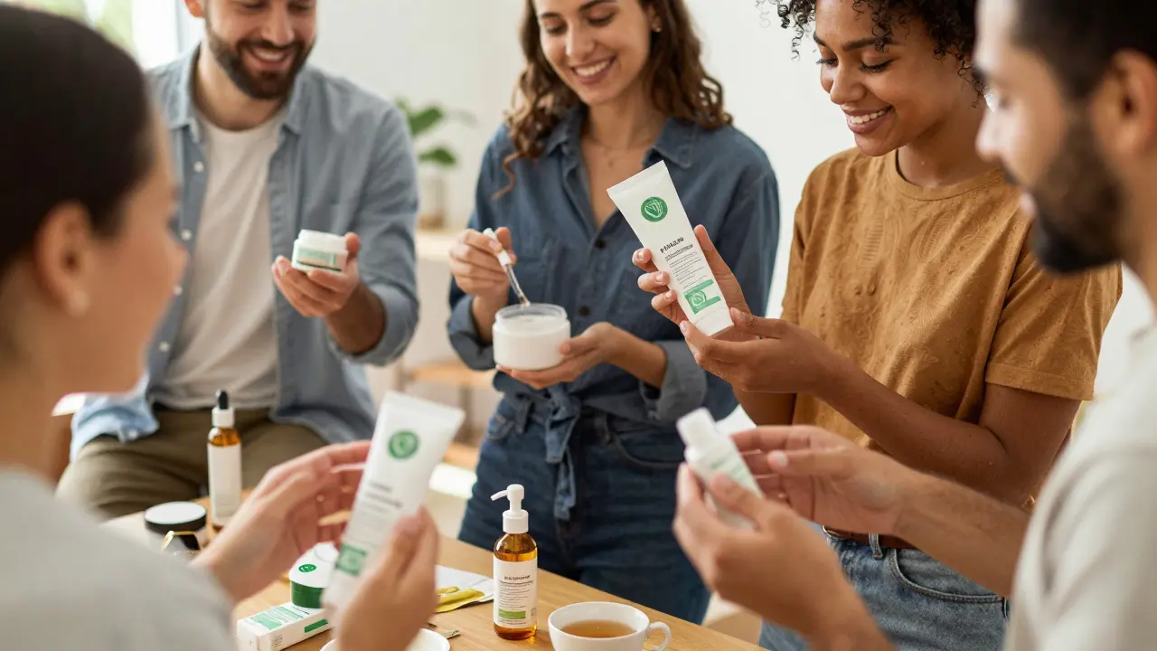 People using vegan skincare products in a sunlit home with certification logos visible