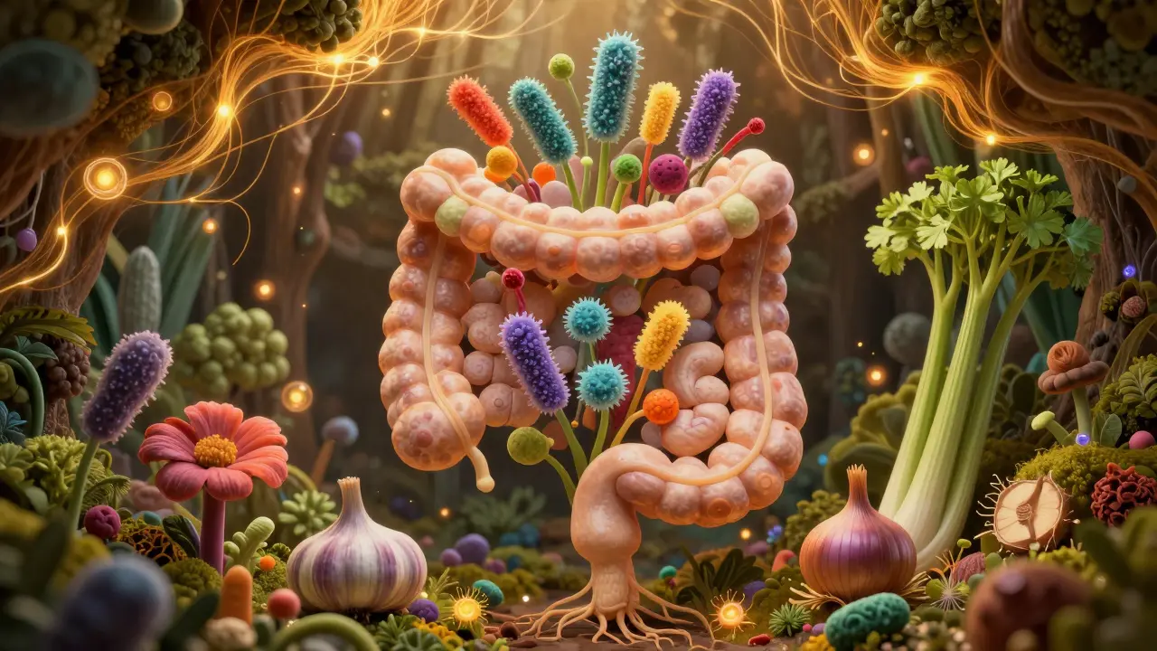Podzemní zahrada střev s probiotickými bakteriemi a prebiotickými kořeny jako rostliny.
