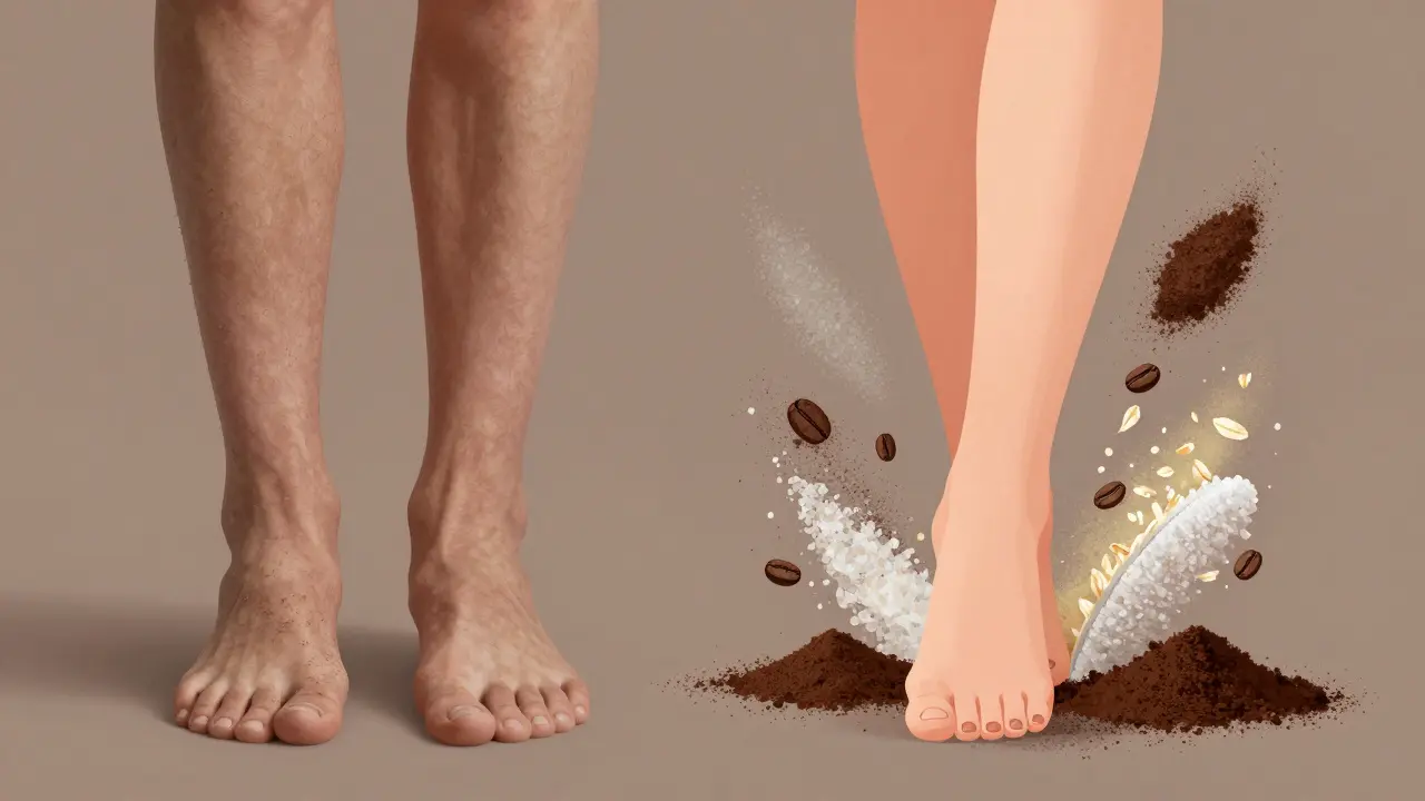 Porovnání hrubé a hladké kůže na loktech a patach po použití scrubu.