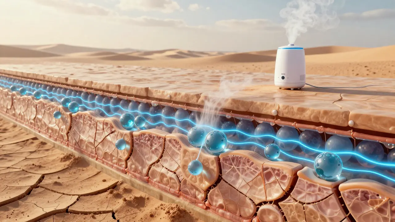 Přehled pleti jako suché krajiny naplněné vodními rezervami a ochrannými bariérami s vlhčícíml mistem.