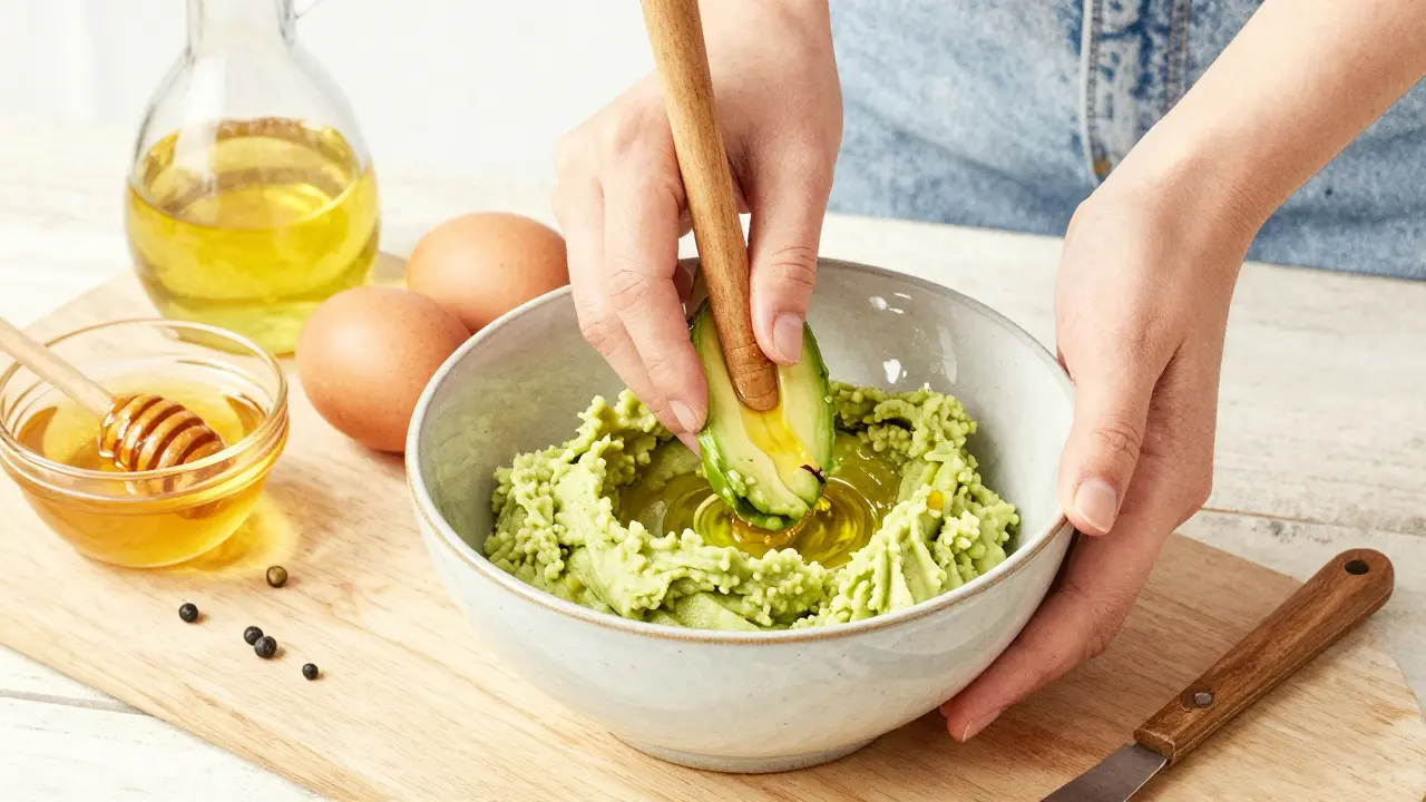 Ruce míchající avokádo a olivový olej v míse