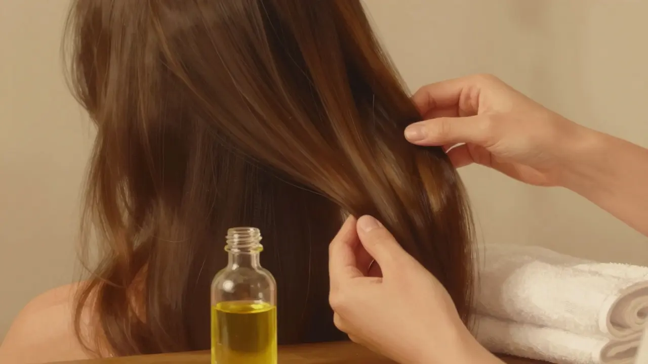 Ruka aplikující arganový olej na vlasy s láhví a ručníkem