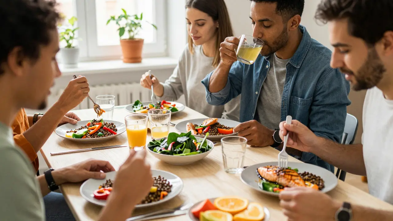 Různí lidé jedí výživnou svačinu s čočkou, paprikou, lososem a citrusy ve slunečném pokoji.