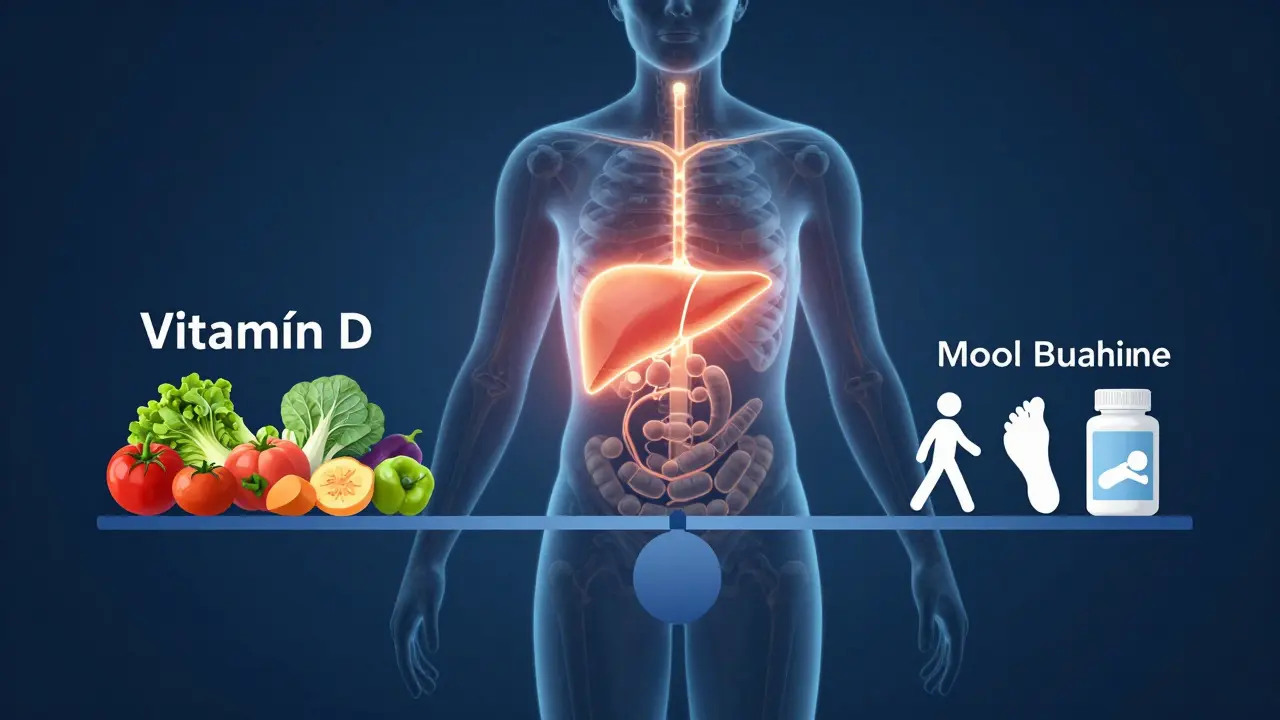 Tělo s ozářenými vitamíny D a magnéziem, proti backgroundu zdravé výživy a pohybu.