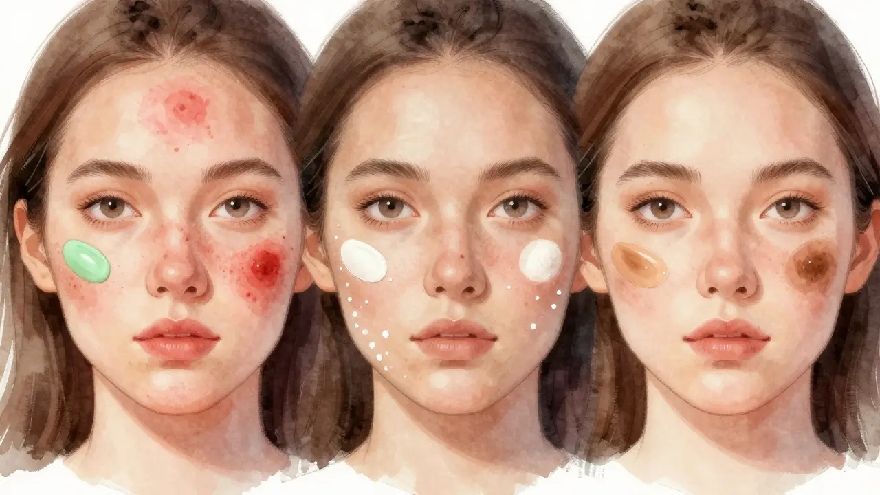 Tři typy akné na obličeji s cíleným zakrytím: zelený korektor, lehká základna a světlejší odstín.