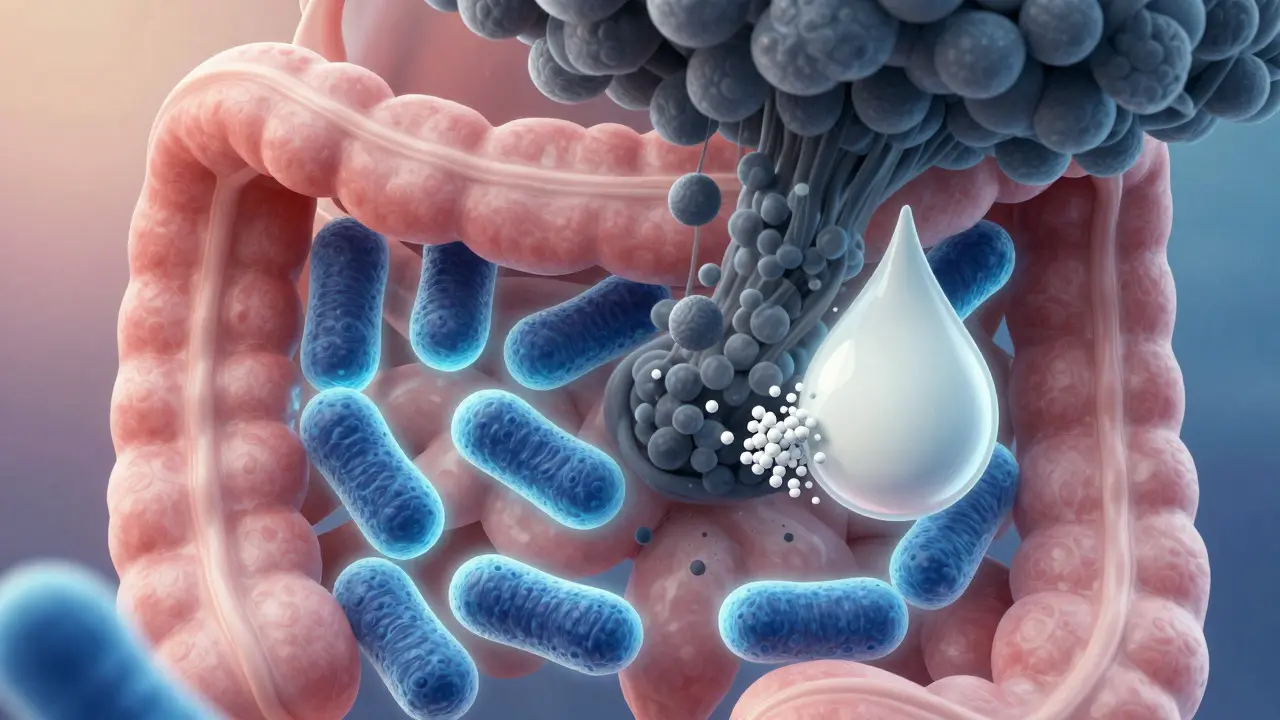 Vnitřní střeva s probiotickými bakteriemi a antibiotiky, které přerušují jejich rovnováhu, s mléčnou kapkou blokující lék.