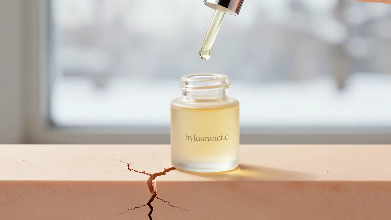 Vrstvy péče o pleť: sérum, krém s ceramidy a olej, symbolizující obnovu kůžní bariéry.