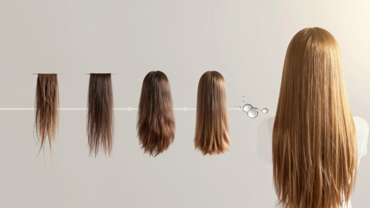 Vývoj jemných vlasů od poškozených k zdravým a lesklým během šesti měsíců.