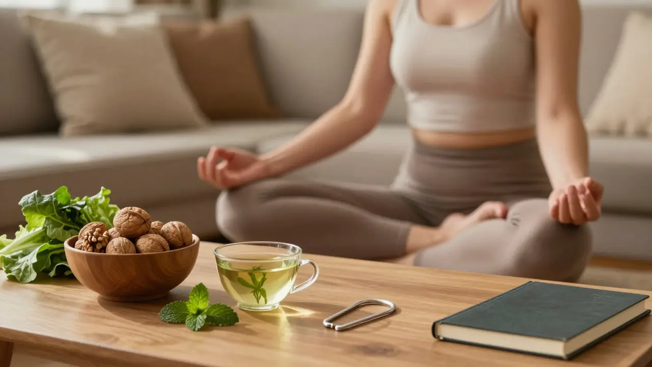 Žena medituje v bytě s přírodními prvky, vedle ní měděný IUD a jídlo podporující hormonální rovnováhu.