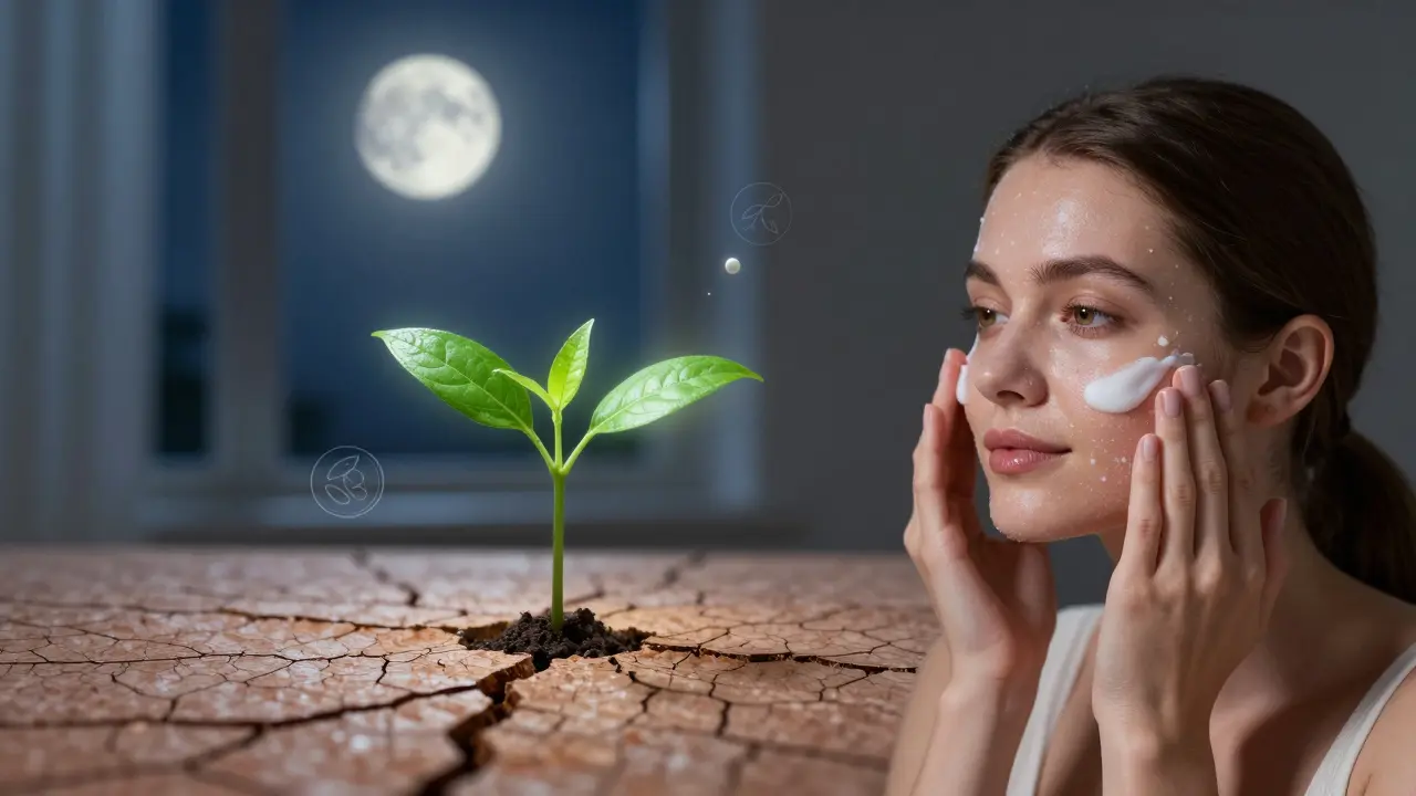 Žena odstraňuje makeup večer a aplikuje hydratační sérum, symbolický růst rostliny na pozadí.