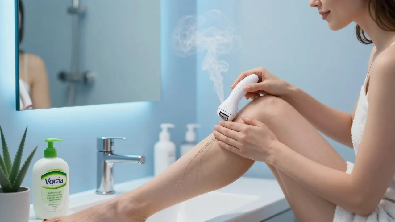 Žena používá epilátor doma při osvětlení zrcadla ve vaně.