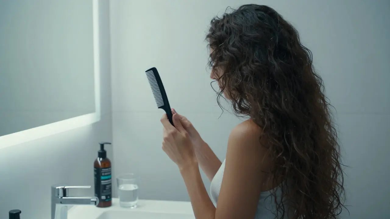 Žena s zdravými vlasy s kovovým hřebenem a keratinovým kondicionérem na umývárně.