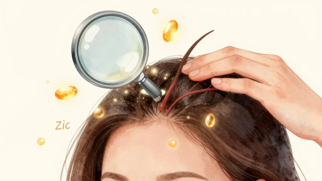 Zvětšený pohled na kůži hlavy s krevními cévami napájejícími vlasové folikuly při masáži.