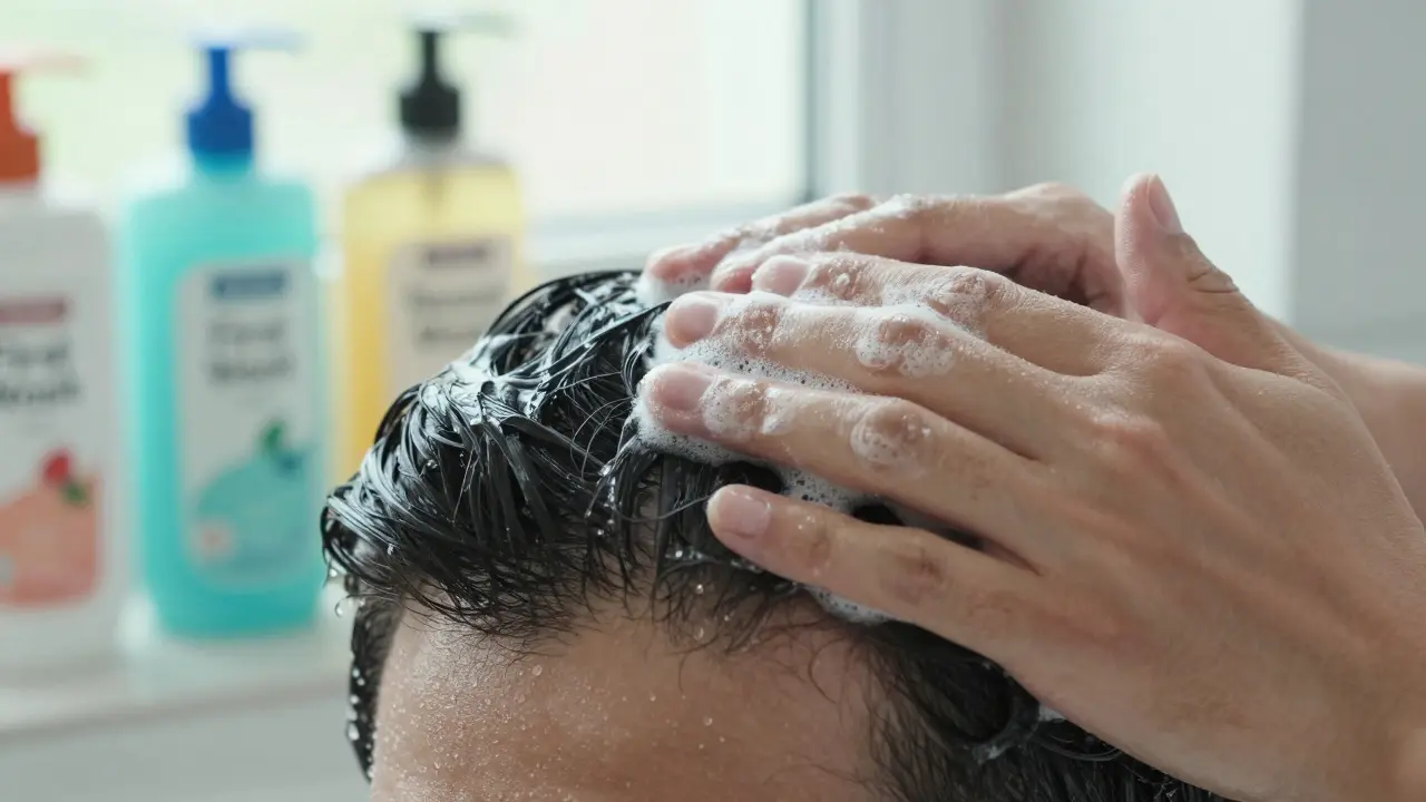 Blízký pohled na kůži hlavy během druhého mytí, jemná pěna a kapičky vody při přirozeném osvětlení.
