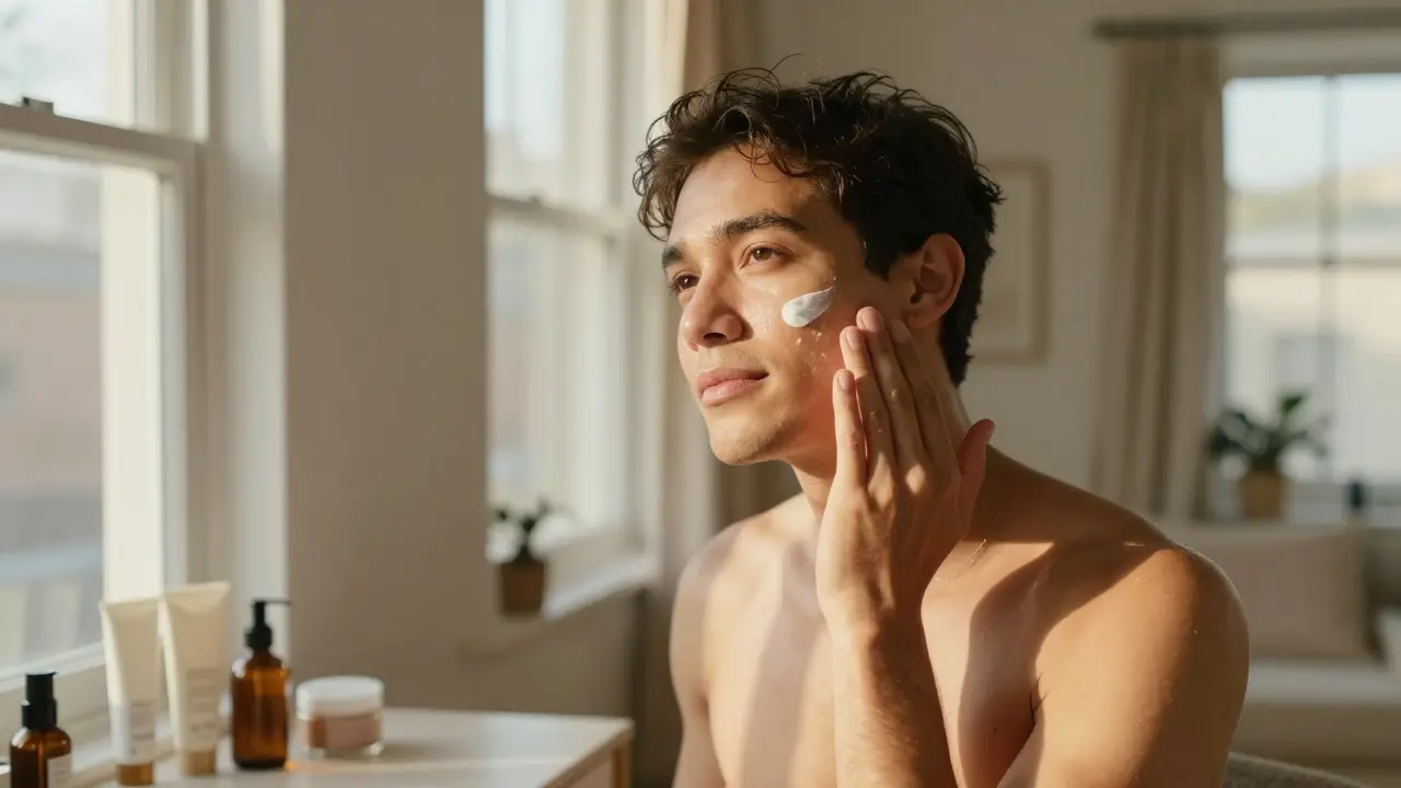 Člověk aplikuje péči o pleť v rázném světle