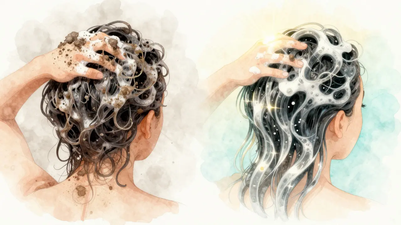 Dvě fáze mytí vlasů: zleva znečištěné, zprava čisté a lesklé vlasy s jemným světelným přechodem.