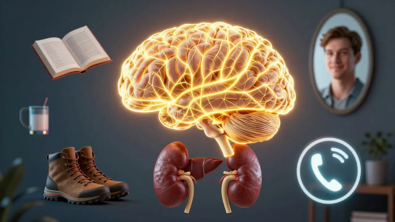 Glowing mozek s obnovovanými nervovými spojeními, s symboly zdravého života kolem, jako kniha, boty a zrcadlo.