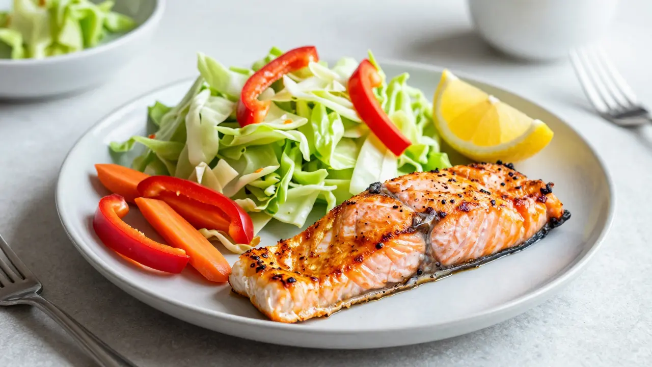 Grilovaný losos s kůží a čerstvou zeleninovou salátem s paprikou a mrkví.