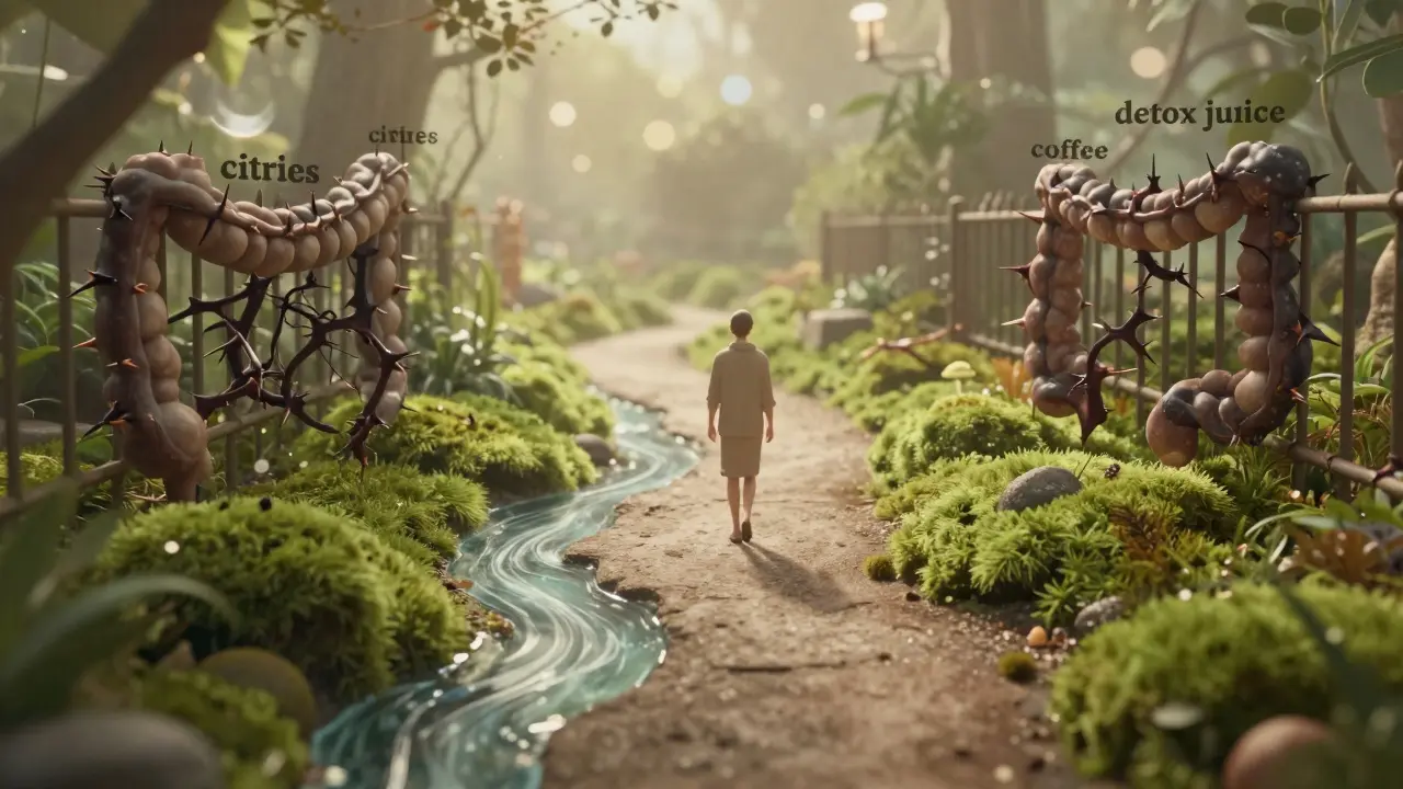 Koncepční obrázek střev jako klidné zahrady s vodou a jemnou vlákninou, zatímco škodlivé potraviny jsou za plotem.