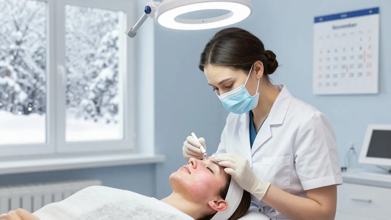 Kosmetička aplikuje profesionální peeling pacientce v klinice během zimního měsíce s viditelným sněhem za oknem.