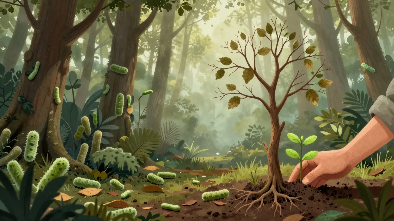 Les jako metafora mikrobiomu: zdravé stromy, kořeny a nové sazenice symbolizují obnovu po antibiotikách.