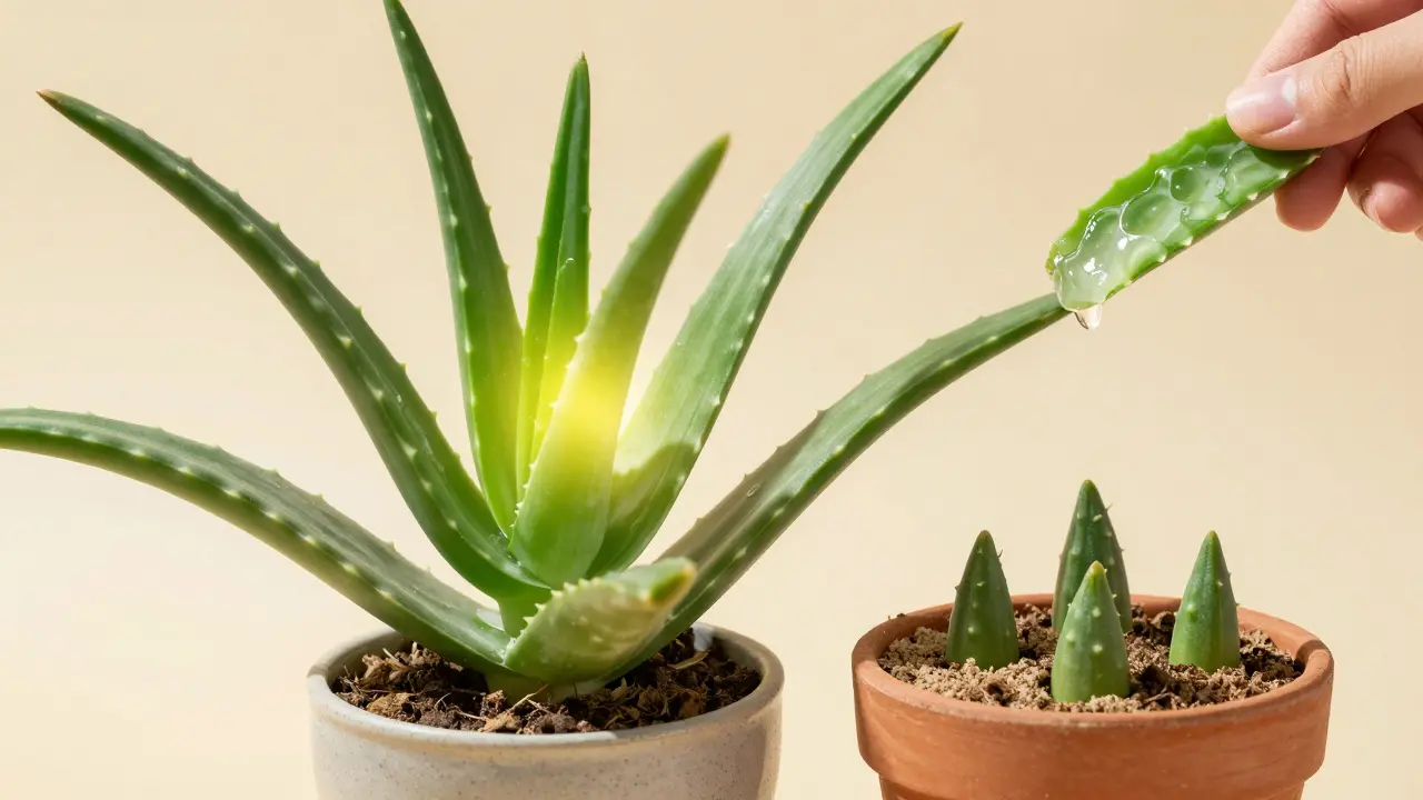 Mature aloe vera plant with gel-rich leaves and three small offsets in separate pots.