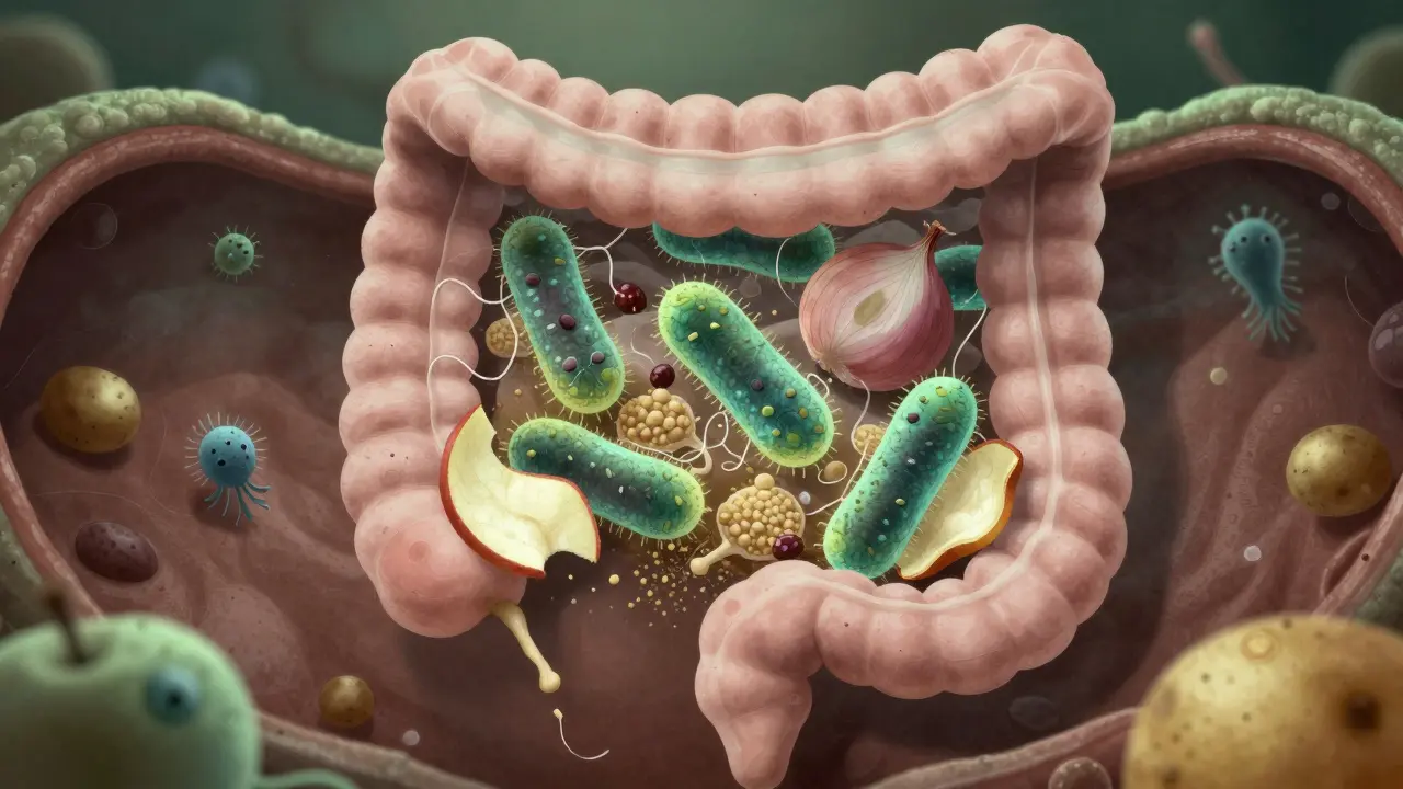 Mikroskopický pohled na střevní mikrobiom s laktobacily a prebiotickými vlákninami.