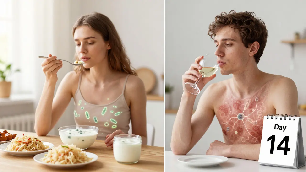 Osoba konzumující probiotika a později opatrně alkohol po 14 dnech od antibiotik.