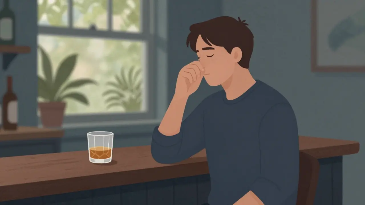 Osoba krokuje pryč od baru během touhy po alkoholu, přitom dělá hluboký vdech a přemýšlí.