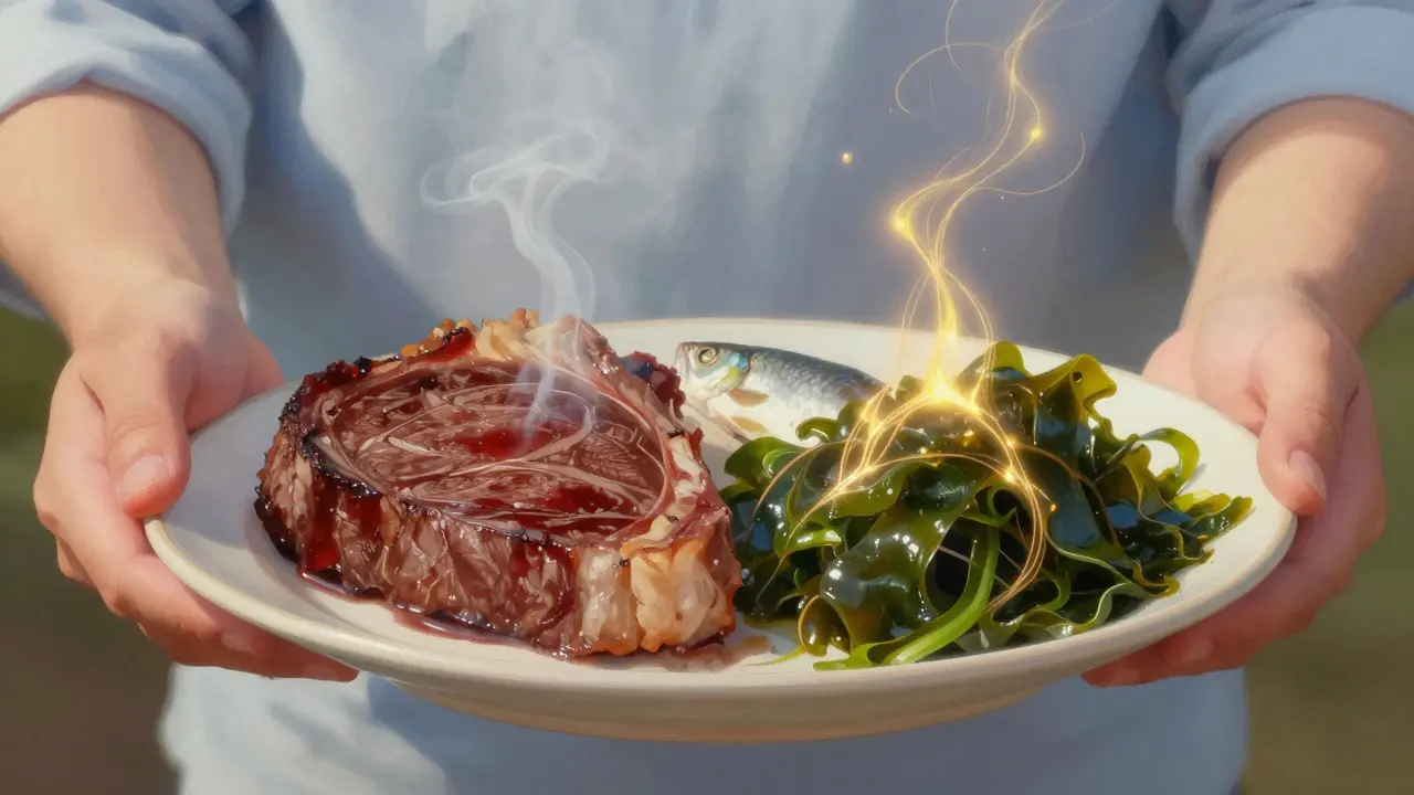 Osoba s dvěma porcemi: červené maso a mořské potraviny s viditelnými kolagenovými vlákny