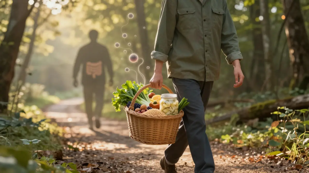 Osoba s košíkem zdravých potravin pro střevní mikrobiom, procházející lesem, zatímco škodlivé faktory postupně mizí.