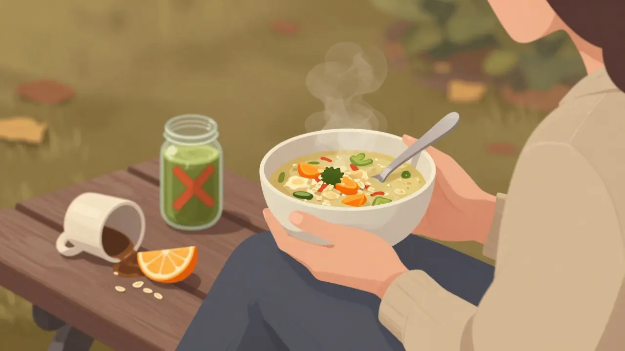 Osoba si sedí na lavičce a jí teplou zeleninovou polévku a ovesnou kaši v klidném parku.