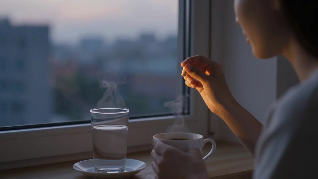 Osoba užívá rybí kolagen večer u okna s sklenicí vody a kávou, jemné světlo na kůži.