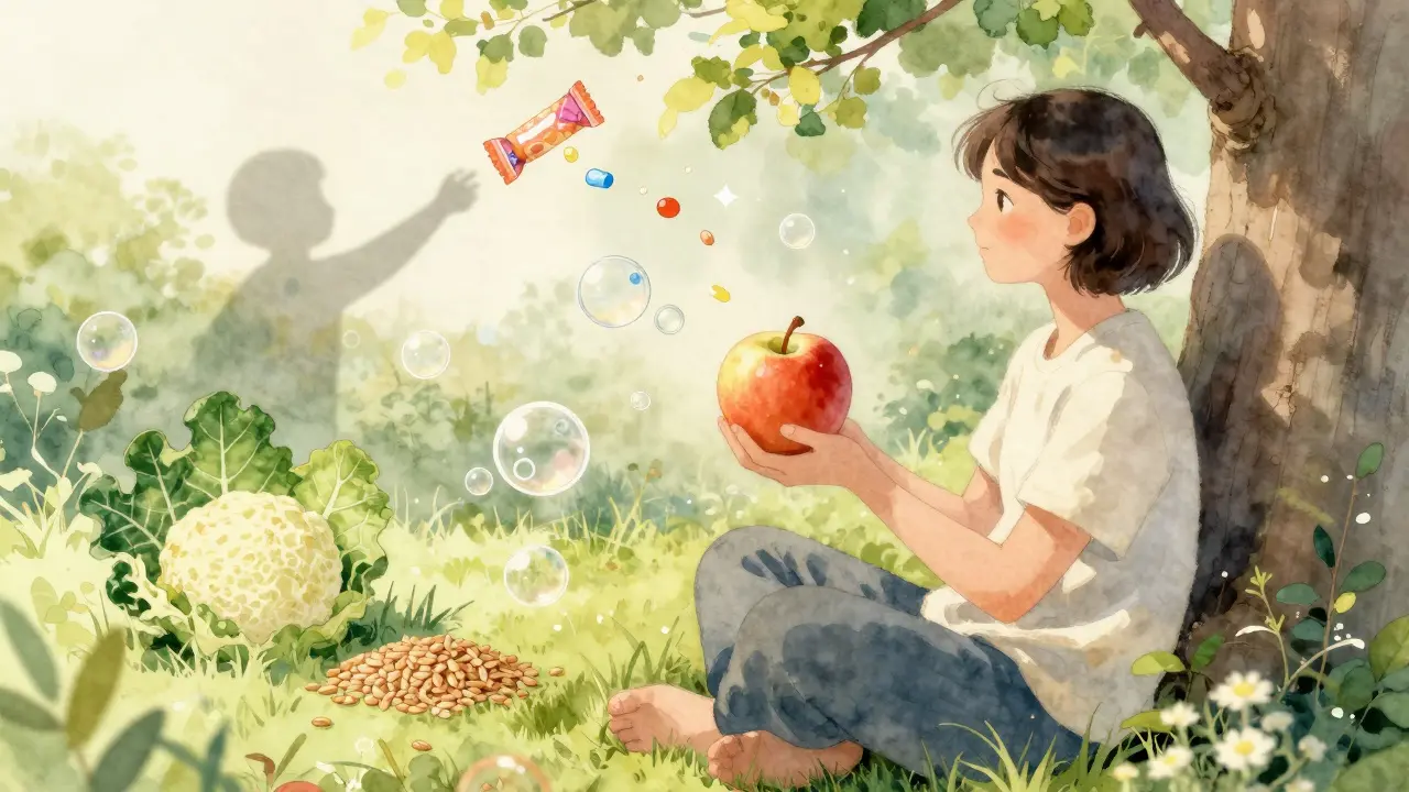 Osoba v zahradě drží jablko s kůží, kolem ní plavou symboly zdravého trávení.