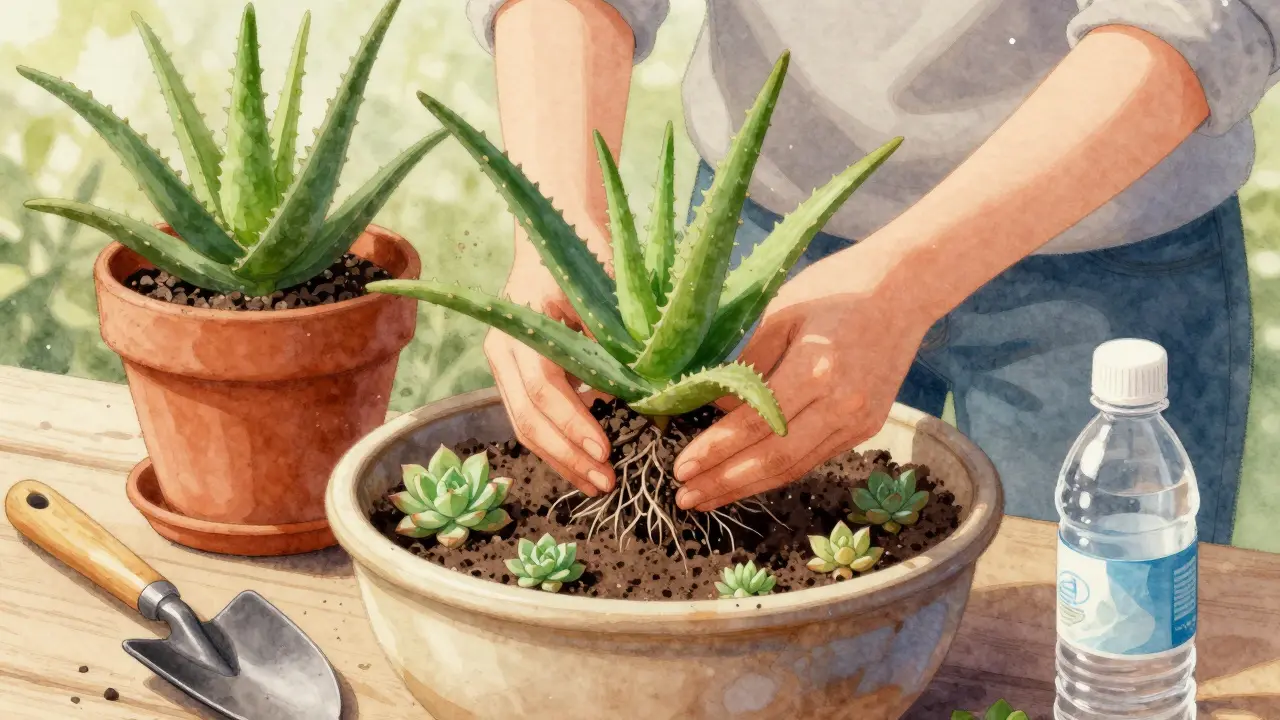 Person transplanting aloe vera from old pot to new wider container with sandy soil.