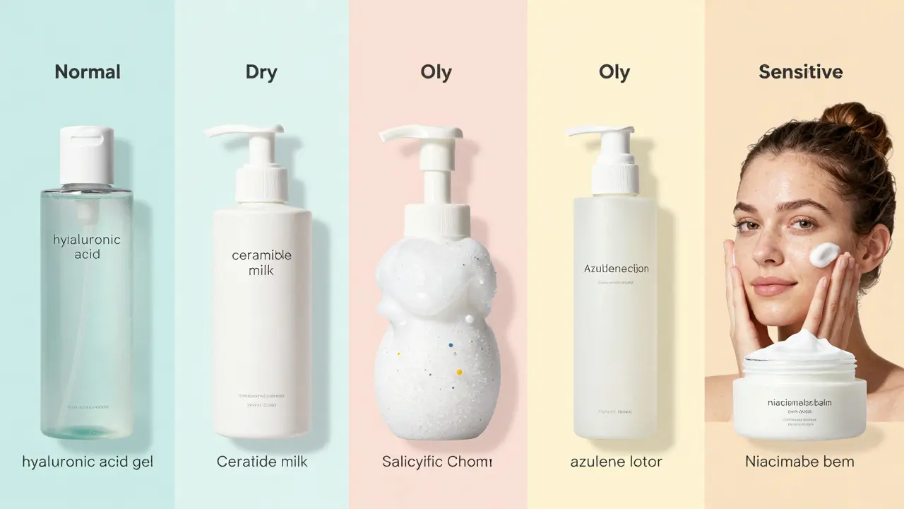 Pět typů pleti s odpovídajícími čistícími prostředky.