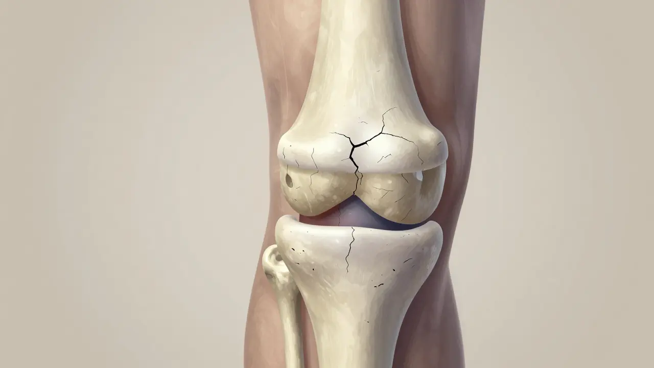 Pohled dovnitř chrupavky s mikrotrhlina