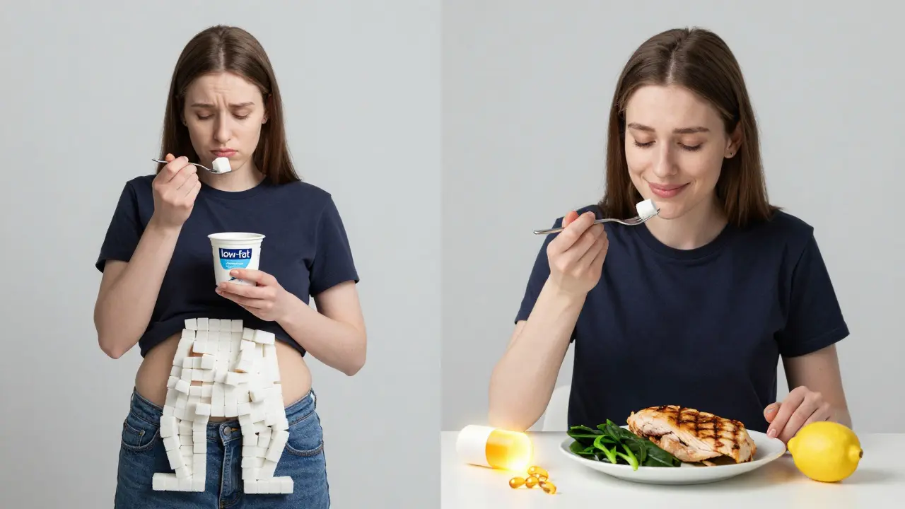 Porovnání špatné a dobré stravy: cukerný jogurt vs. zelená večeře s multivitamínem.