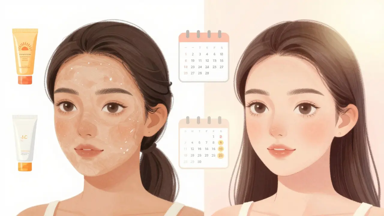 Před a po obrazu pleti: suchá, dull pleť před peelingem a zářivá, hladká pleť po ošetření s hydratačními prvky.