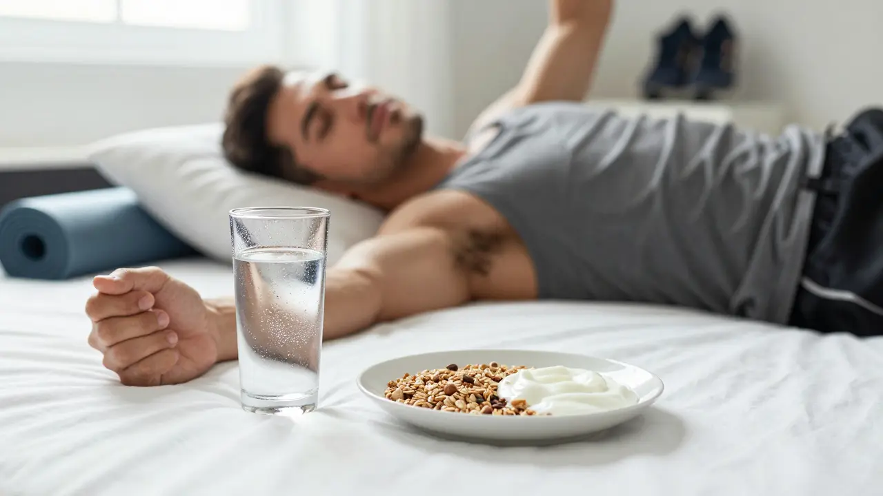 Ranní rutina člověka snídajícího po kvalitním spánku.