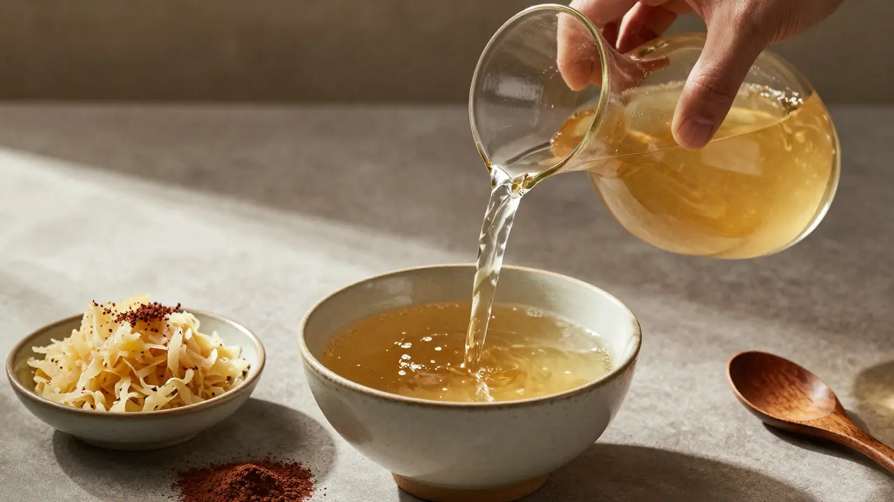 Ruce nalévající vývar do mísy s kysaným zelím a kakaovým práškem.