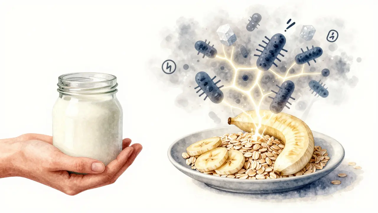 Ruka drží jogurt s ovesnými vločkami a banánem, z nichž vycházejí světelné sítě prospěšných bakterií.