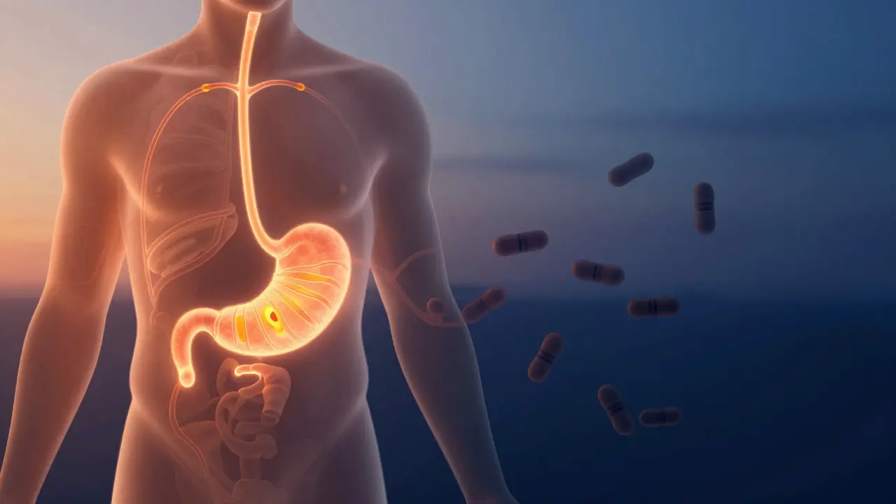 Schematický obraz těla s prouděním vitamínu C v krvi při ranním světle, zatímco večer se vylučuje.